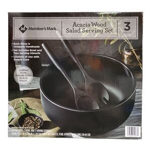 Member's Mark 12" Acacia Wood Salad Bowl with Serving Utensils, Black